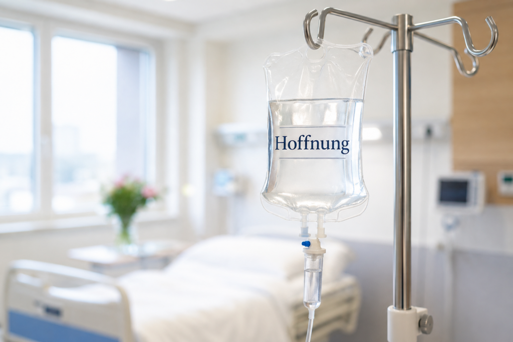Krankenzimmer mit Tropf im Vordergrund. Auf dem Tropf steht symbolisch das Wort "Hoffnung"